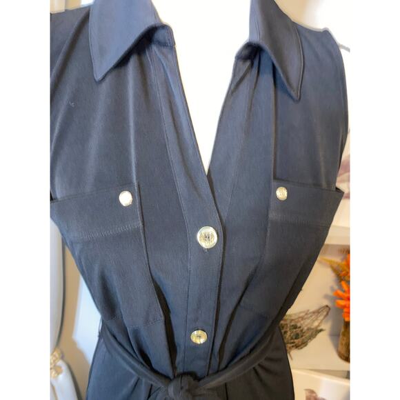 NWT $135 Michael Kors Black Gold Buttons Sleeveless Shirt Dress with Fabric Belt - Picture 5 of 12